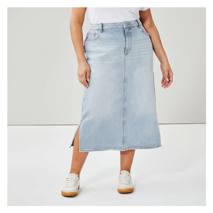 Women+ Light Wash Denim Midi Skirt